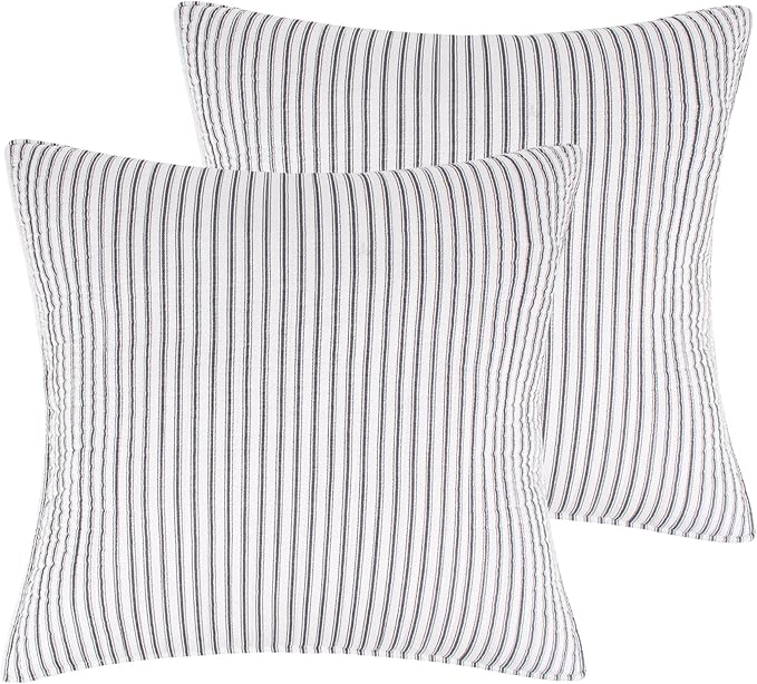 Levtex Home - Tobago Stripe Charcoal - Quilted Charcoal and White Shams Set of Two (26x26in.), No Insert - Pin Stripe - Cotton Fabric