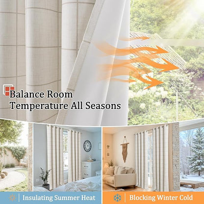 Linen Blackout Curtains for Living Room - Plaid Patterned Curtains 72 Inch Long, Boho Black Out Thermal Insulated Drapes for Cottage Bedroom Grommet Style 52x72 Inch 2 Panels, Natural