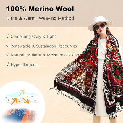 DANA XU 100% Merino Wool Pashmina Shawl for Women 96"x43", Oversized Cashmere Wrap with Tassels, Floral Travel Blanket Cape
