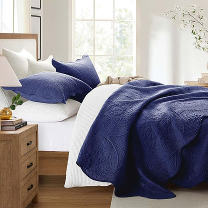IR Imperial Rooms King Quilt Bedding Set Size (106" x 96") + 2 Pillow Shams (20" x 36"+ 2") - 3 Pcs All Season Lightweight Reversible Microfiber Coverlet Floral Embossed Quilt Bedspread (Blue)