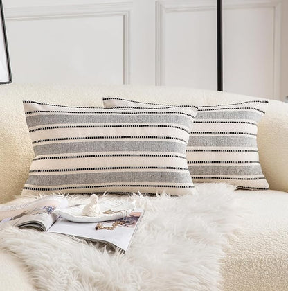 Decorative Boho Lumbar Throw Pillow Covers, Farmhouse Textured Pillow Case, 12 x 20 Inch Set of 2, Chair Sofa Bedroom Living Room Home Decor Couch Cushion Case, Black and Beige