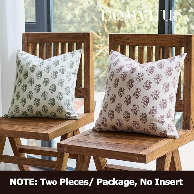 DOMVITUS Set of 2 Floral Pillow Covers 24x24, Block Print Pillow Covers Vintage Neutral Decorative Farmhouse Throw Pillow Covers for Couch Bed Living Room Brown