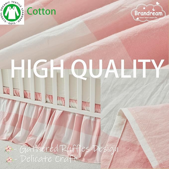 Brandream Gingham Gathered Crib Skirt, Baby Boy, Baby Girl, Gender Neutral Crib Skirt, 100% Cotton, 4-Sided, Light Pink Plaid Gingham Toddler Bedskirt Farmhouse Chic Nursery Crib Bed Skirt Dust Ruffle