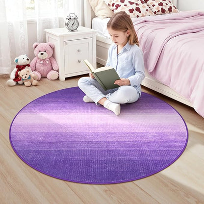 Wonnitar Modern Ombre Round Rugs 4ft, Washable Purple Bedroom Round Area Rug, Non-Slip Soft Circle Bathroom Throw Carpet, Gradient Low Pile Floor Mat for Bedside Entry (Purple, Round 4ft)