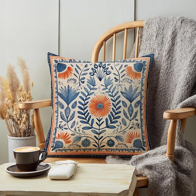 Vintage Boho Floral Print Throw Pillow Cover, Orange, Blue - Retro Rust Floral Decor Pillowcase, Indoor Outdoor Cushion Case for Sofa Couch Bed Living Room Bedroom Home (Blue&Orange, 18x18inch)