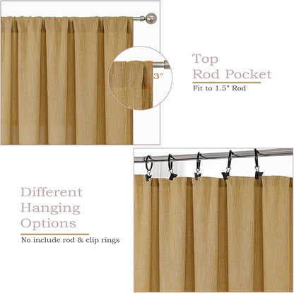 Simplebrand Gold Faux Linen Textured Semi Sheer Curtains 72 Inches Long 2 Panels Set, Light Filtering Privacy Farmhouse Curtains, Soft Window Drapes Rod Pocket Top for French Door, Bedroom, 40W x 72L