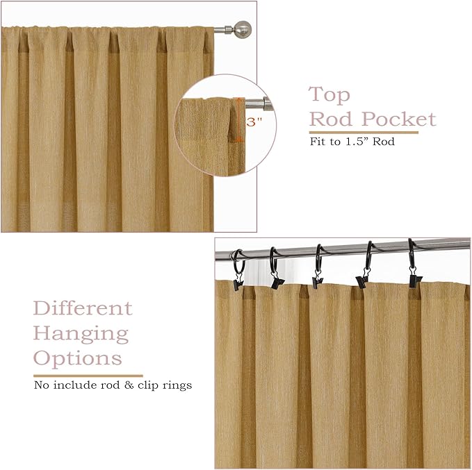 Simplebrand Gold Semi Sheer Faux Linen Textured Curtains 84 Inches Long 2 Panels, Light Filtering Farmhouse Bedroom Curtains, Farmhouse Rod Pocket Soft Thick Window Drapes for Living Room, 50Wx84L