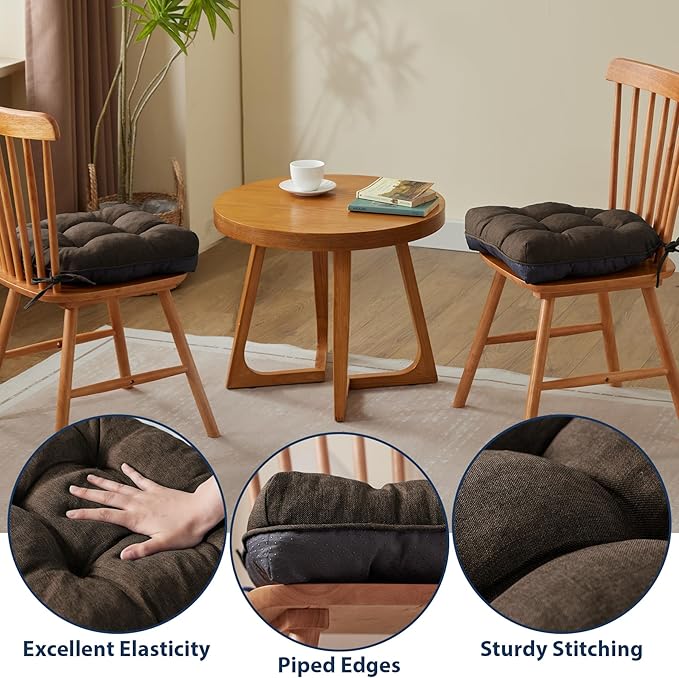 Chair Cushions for Dining Chairs, Seat Cushions for Kitchen Chairs, Indoor Seat Cushions with Ties, Tufted Foam Chair Pads, Non Slip Chair Cushions Set of 6, 15.5" x 15.5" x 4", Brown