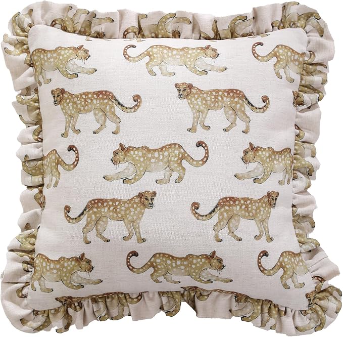 patdrea Designer Throw Pillow Covers for Couch 18"x18",Vintage Linen Pillows Cover with Cheetah Pattern and Luxury Ruffle,Farmhouse Decorative Pillowcases for Bed Living Room Outdoor Set of 1