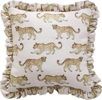 patdrea Designer Throw Pillow Covers for Couch 18"x18",Vintage Linen Pillows Cover with Cheetah Pattern and Luxury Ruffle,Farmhouse Decorative Pillowcases for Bed Living Room Outdoor Set of 1