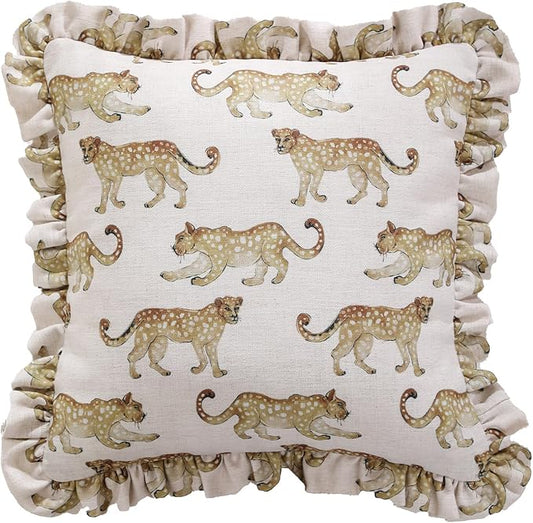 patdrea Designer Throw Pillow Covers for Couch 18"x18",Vintage Linen Pillows Cover with Cheetah Pattern and Luxury Ruffle,Farmhouse Decorative Pillowcases for Bed Living Room Outdoor Set of 1