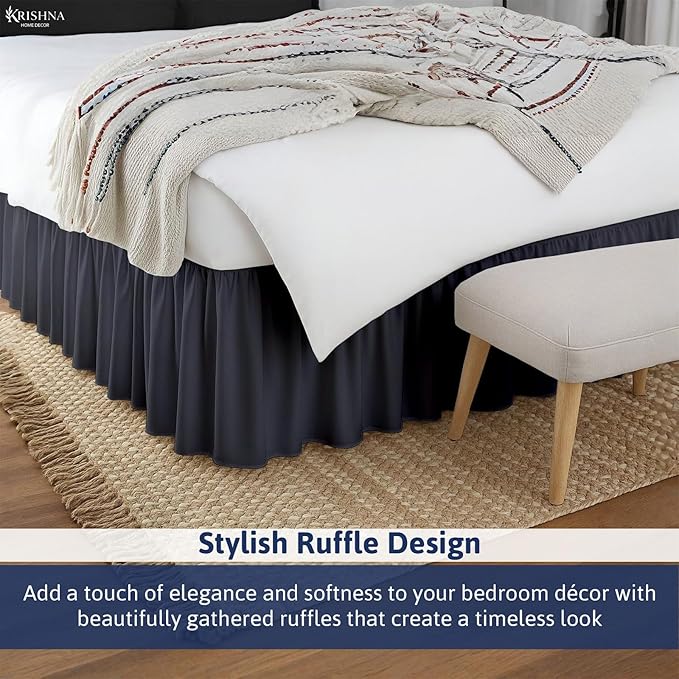 KRISHNA Ruffled Bed Skirt with Split Corners Queen, 100% Microfiber Hotel Quality, 14 Inch Drop Dust Ruffle Gathered Bedskirt with Platform, 60" x 80", Dark Grey
