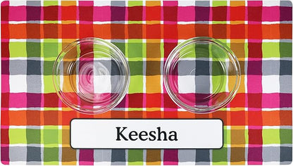 Drymate Personalized Pet Bowl Placemat, Custom Dog & Cat Food Feeding Mat - Absorbent Fabric, Waterproof Backing - Machine Washable/Durable (USA Made) (16" x 28") (Pink Plaid)