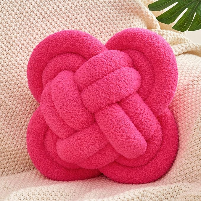 Xiashrk Knot Pillow Ball, 12" Soft Decorative Throw Pillows for Couch Bed, Rose Red Knotted Plush Throw Pillow Handmade Square Cushion Home Couch Decor Pillows for Living Room