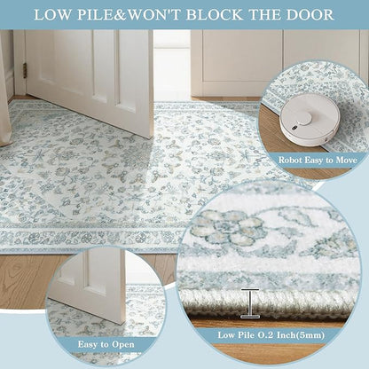Moynesa Vintage Washable Blue 2x6 Hallway Runner Rug, Neutral Distressed Oriental Runner for Entryway Kitchen Bathroom Bedroom, Low Pile Soft Non-Slip Carpets for Nursery Laundry