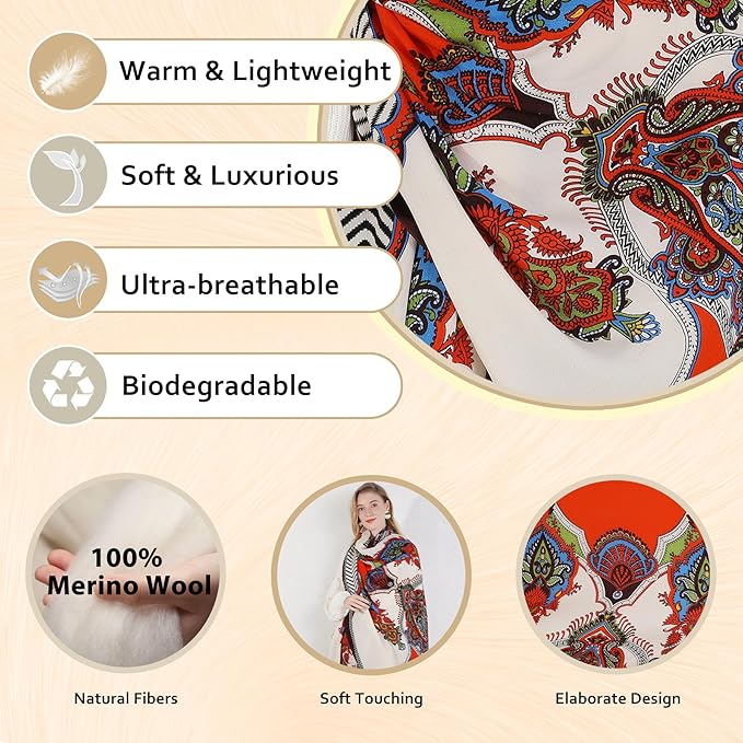 DANA XU 100% Merino Wool Extra Large Pashmina Blanket Travel Scarf Cashmere Wrap for Women Fall Winter Oversize Shawl Floral