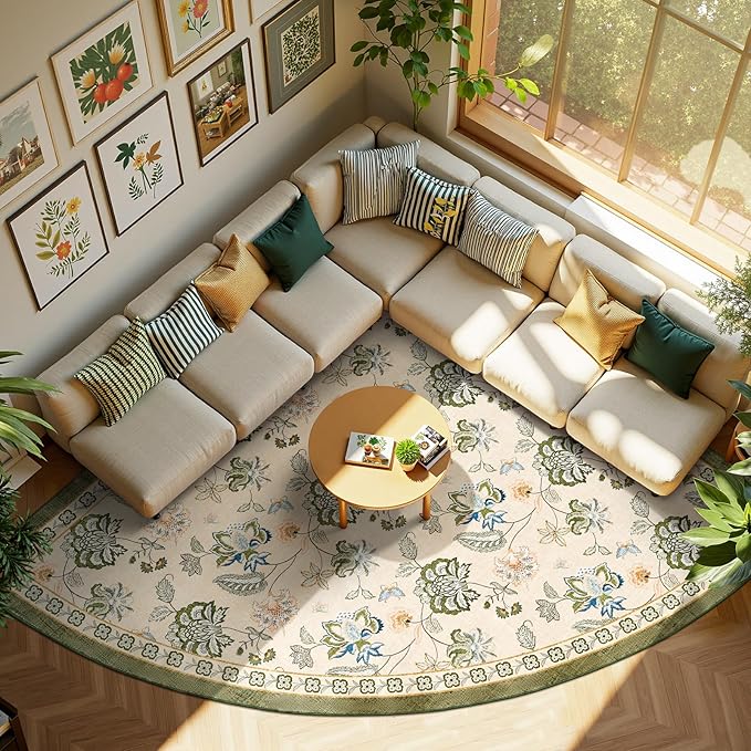 jinchan Elora Floral Corner Rug for Living Room Washable Rug Vintage Romance Christmas Design Non Slip Quarter Circle Lightweight Low-Pile Throw Carpet for Reading Playroom, 8ft Radius, Green/Beige