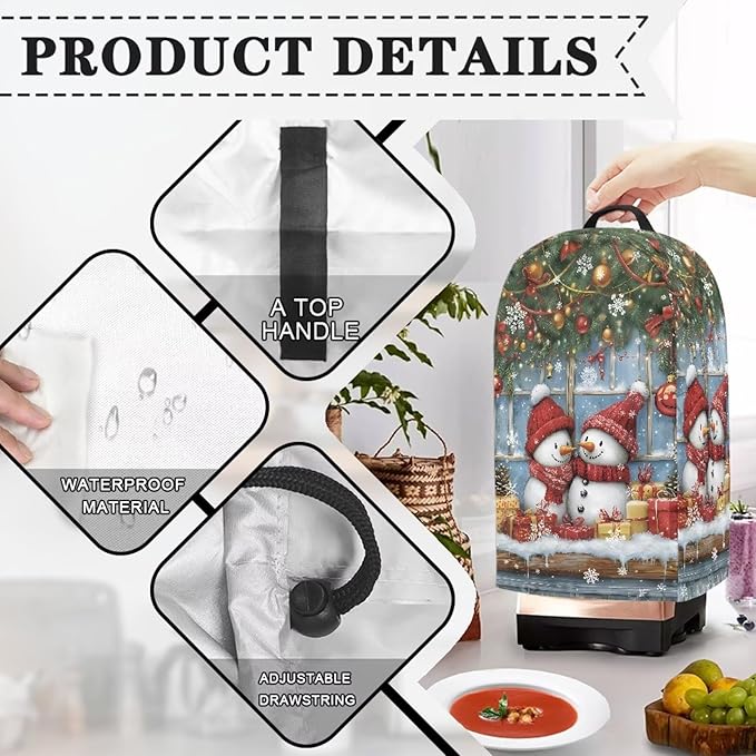 Xmas Snowman Print Blender Dust Cover, Stand Mixer or Coffee Maker Appliance Covers with Drawstring, Anti Fingerprint Dust Stain Resistant Blender Cover for Home Kitchen