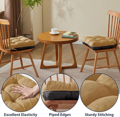 Chair Cushions for Dining Chairs, Seat Cushions for Kitchen Chairs, Indoor Seat Cushions with Ties, Tufted Foam Chair Pads, Non Slip Chair Cushions Set of 6, 15.5" x 15.5" x 4", Khaki