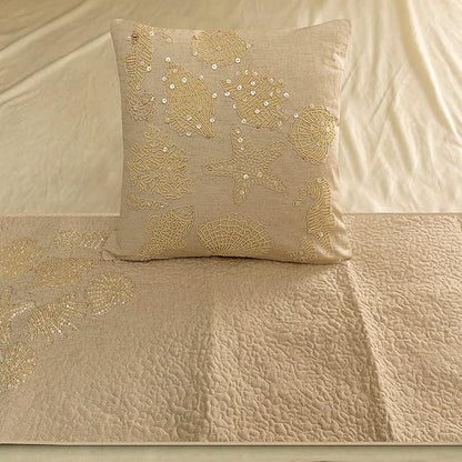 The HomeCentric King Queen Twin Beige Handmade King 90"x18" Bed Runner with Pillow Cover, Pearl Embroidery Bed Scarf on Linen Fabric - Off to The Sea