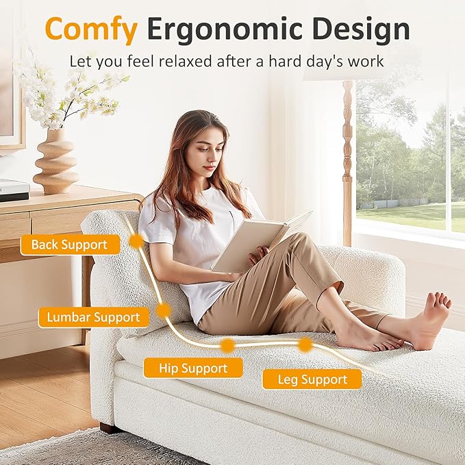 VANOMi Oversized 70.47'' Chaise Lounge Chair Indoor with Storage Space, Modern Upholstered Sofa Bed with Thick Cushion and Left Armrest, Boucle Leisure Recliner for Living Room, Bedroom, Office, White