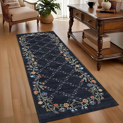 GarveeHome 2x6 Washable Floral Runner Rugs for Hallway: Modern Floral Non Slip Large Runner Rugs for Kitchen, Large Machine Washable Hallways Low Pile Carpet with Non-Slip Backing Black 2 ft x6 ft.