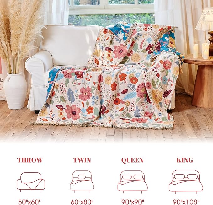 MSGKV Boho Throw Blanket for Couch 100% Cotton Floral Blanket 50"x60" Sofa Bed Chair Blanket All Seasons Lightweight Farmhouse Muslin Breathable Blankets Home Decor