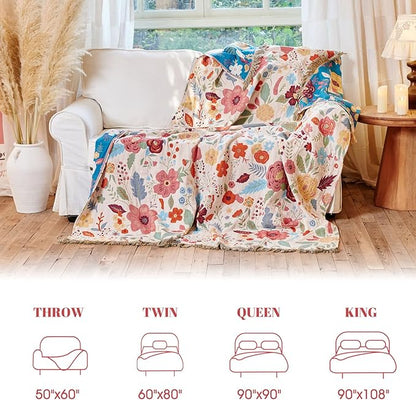 MSGKV Boho Throw Blanket for Couch 100% Cotton Floral Blanket 50"x60" Sofa Bed Chair Blanket All Seasons Lightweight Farmhouse Muslin Breathable Blankets Home Decor