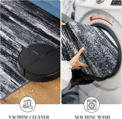 Modern Abstract Hallway Runner Rug, Black Grey Washable Entryway Runner Non-Slip Soft 2x8 Runner Rug Thin Print Faux Wool Carpet for Kitchen Bedroom Laundry Room Indoor Home Decor