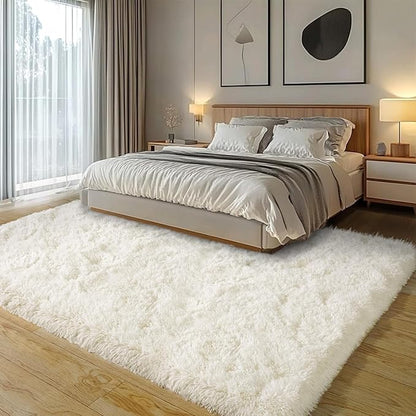 Cream White Plush Rug for Living Room Fuzzy Carpet for Bedroom Dorm, Non-Slip High Pile Rug, Shag Rug for Playroom Nursery Home Office Decor 10x14Ft