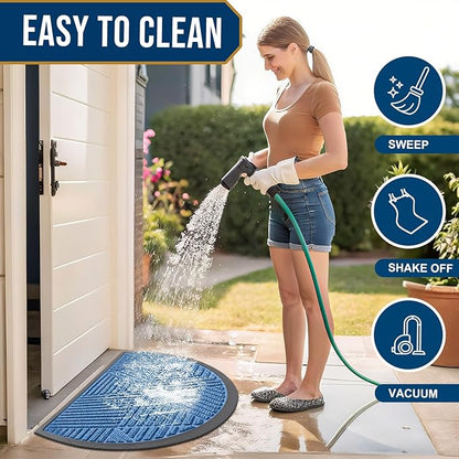 Smiry Half Circle Front Door Mat Outside Entrance, Heavy Duty Sturdy Natural Rubber Doormat, Trap Dirt and Moisture, Low Profile Mats for Indoor Outdoor Entry, Irregular Triangle (36x24, Blue)