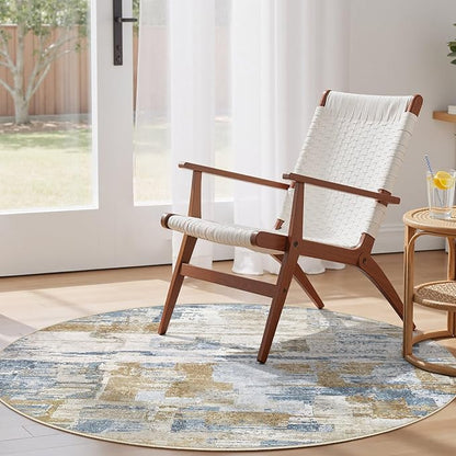 Abstract Living Room Rug 6x6 - Modern Washable Soft Thin Area Rug for Living Room Bedroom Under Dining Table - Neutral Indoor Floor Rug Carpets for Home Office Playroom Nursery - Blue Gold