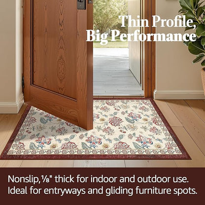 jinchan Elora 2x3 Floral Rug for Entryway Washable Kitchen Rug Vintage Romance Design Christmas Small Mat Non Slip Indoor Doormat Lightweight Low-Profile Throw Carpet for Entrance Bathroom, Red/Beige