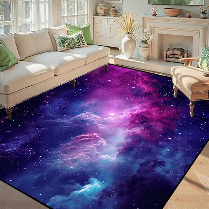 5' X 7' Purple Galaxy Rug Space Rugs Colorful Throw Rug Non-Slip Sun and Cloud Carpet Doormats for Living Room Bedroom Apartment Dorm Floor Mat