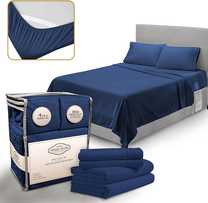 King Size Sheets Set Cooling - Luxury Hotel Sheets - Soft Bed Sheet with Elastic Corner Straps - Deep Pockets Microfiber Bedsheet - Bedding Sheet & Pillowcases - 4 PC (King, Navy Blue)