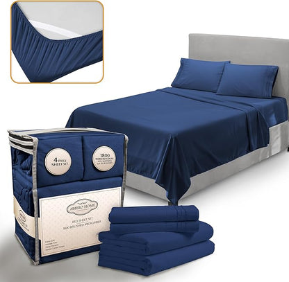 King Size Sheets Set Cooling - Luxury Hotel Sheets - Soft Bed Sheet with Elastic Corner Straps - Deep Pockets Microfiber Bedsheet - Bedding Sheet & Pillowcases - 4 PC (King, Navy Blue)