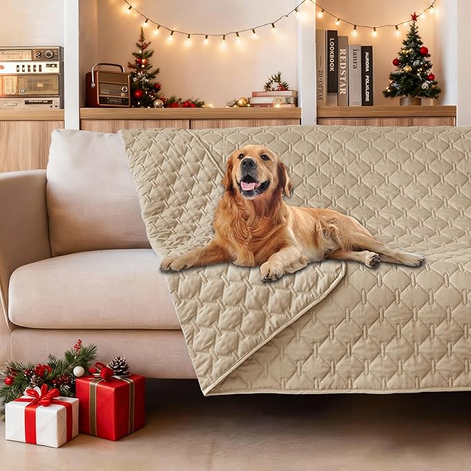 gogobunny 3X Stronger Waterproof Pet Blanket, Scratch Proof Furniture Protector for Dogs Cats, Reversible Cover 52x82 Inch, Dark Beige