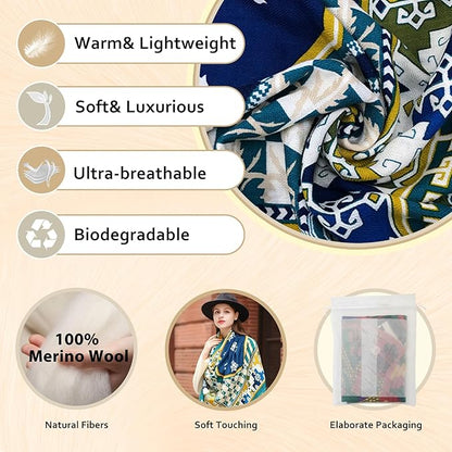 DANA XU 100% Merino Wool Pashmina Shawl for Women 96"x43", Oversized Cashmere Wrap with Tassels, Floral Travel Blanket Cape