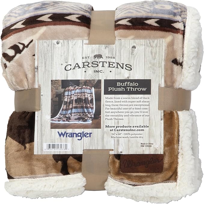 CARSTENS, INC. Wrangler Ultra Premium Super Soft Plush Sherpa Fleece Oversized Throw Blanket 54" x 68", Buffalo