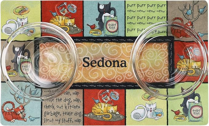 Drymate Personalized Pet Bowl Placemat, Custom Dog & Cat Food Feeding Mat - Absorbent Fabric, Waterproof Backing - Machine Washable/Durable (USA Made) (12" x 20") (Kitty Chaos)