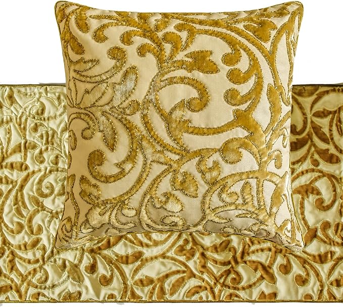 HomeCentric Beige Gold Decorative Bed Runner Queen 74"x18" with One Pillow Cover, Cut Velvet, Beaded Bed Scarf on Velvet Fabric - Serene Symphony