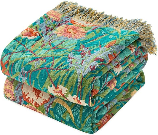 MSGKV Boho Throw Blanket 60"x80" Floral Blankets for Bed 100% Cotton Twin Size Couch Blanket Lightweight Farmhouse Muslin Breathable Home Decor All Seasons