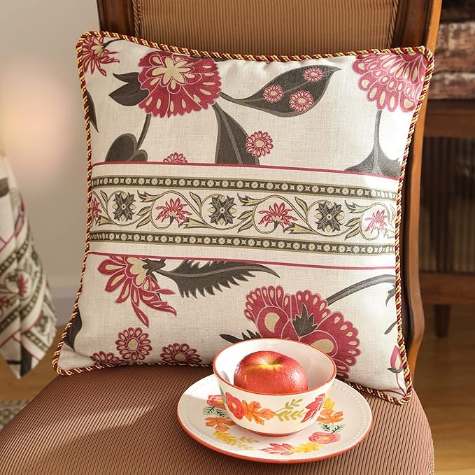 patdrea Designer Throw Pillow Covers,Vintage Red Pillowcases with Leaves and Flower Pattern Pillows Cover for Couch,Linen Decorative Square Cushion for Bed Living Room Outdoor Car,18X18 Inches
