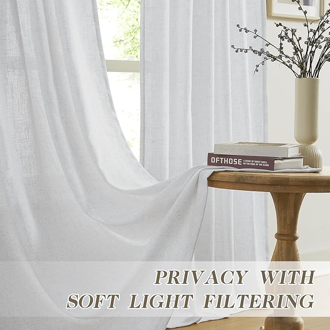 MASWOND Extra Long White Pinch Pleat Linen Curtains 120 Inches Long 2 Panels for Living Room Semi Sheer Pleated Back Tab 2 Story Drapes Light Filtering Curtain with Hooks for Dining Room W38xL120