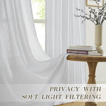 MASWOND Extra Long White Pinch Pleat Linen Curtains 120 Inches Long 2 Panels for Living Room Semi Sheer Pleated Back Tab 2 Story Drapes Light Filtering Curtain with Hooks for Dining Room W38xL120