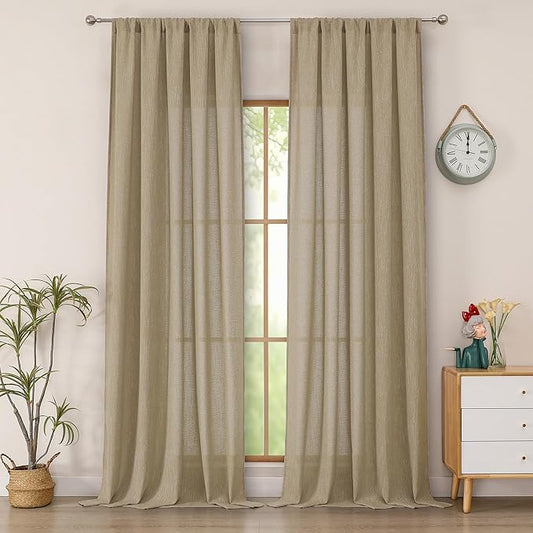 Simplebrand Taupe Faux Linen Textured Semi Sheer Curtains 108 Inches Long 2 Panels for Living Room, Privacy Extra Long Light Filtering Farmhouse Thick Window Drapes for Large Window, 50 x 108 Inch