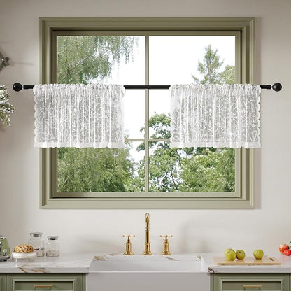 Anmao Vintage Lace Kitchen Curtains 18 Inches Long 2 Panels, Romantic Semi Sheer Floral Over Sink Lacy Cafe Curtain, Elegant Window Short Small Drapes, 55W x 18L, White Leaf