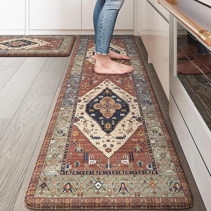 KIMODE Anti Fatigue Kitchen Mats,Boho Vintage Kitchen Rugs Sets of 2,Non Slip Waterproof Kitchen Floor Mats,Ergonomic Cushioned Comfort Standing Mat for Laundry,Office,Sink,Desk, Red