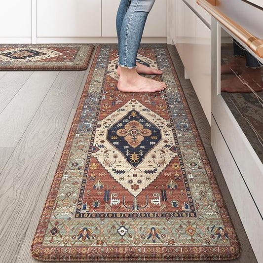 KIMODE Anti Fatigue Kitchen Mats,Boho Vintage Kitchen Rugs Sets of 2,Non Slip Waterproof Kitchen Floor Mats,Ergonomic Cushioned Comfort Standing Mat for Laundry,Office,Sink,Desk, Red