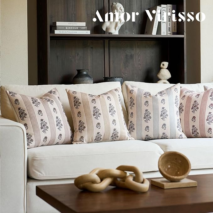 Amor Virisso Floral Throw Pillow Covers 20x20 Set of 2 Block Print Pillow Covers Neutral Floral Striped Farmhouse Decorative Pillow Covers for Sofa Couch Bed, Brown